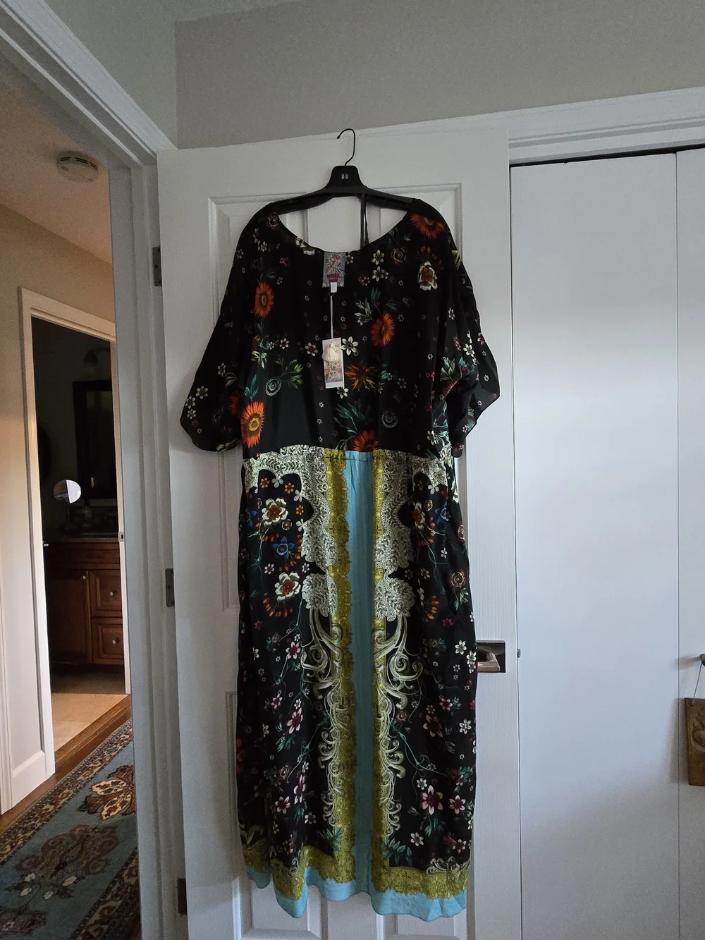 Johnny Was 3XLBoho Black Floral Printed Maxi Dress with Gold & Turquoise Accents - Picture 3 of 10